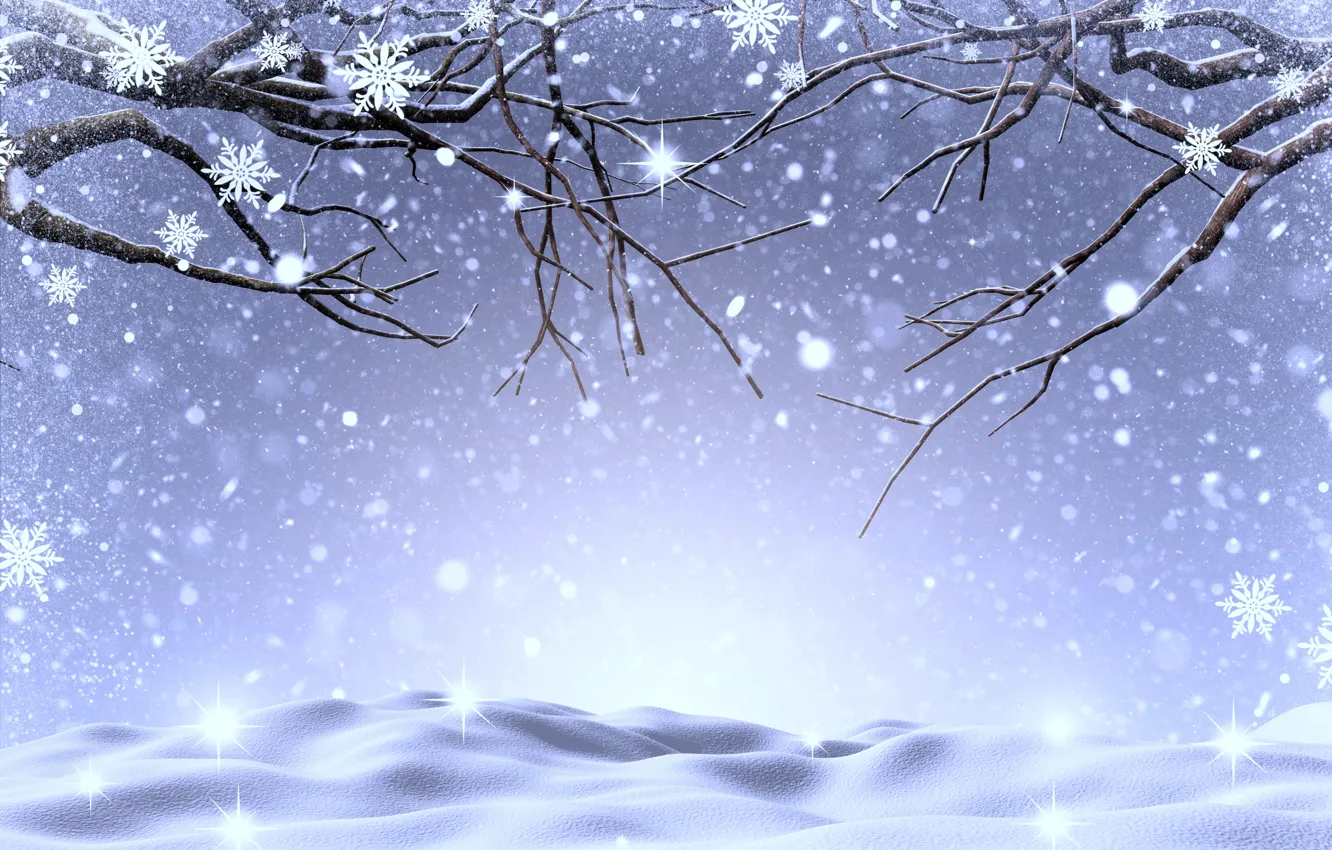 Фото обои зима, снег, деревья, снежинки, ветки, landscape, winter, snow