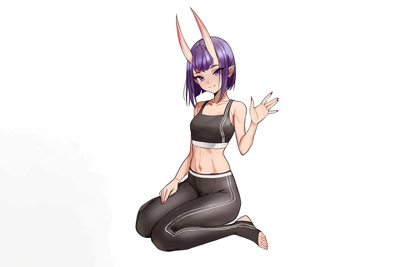 Фото обои girl, sexy, horns, legs, anime, beautiful, short hair, purple eyes