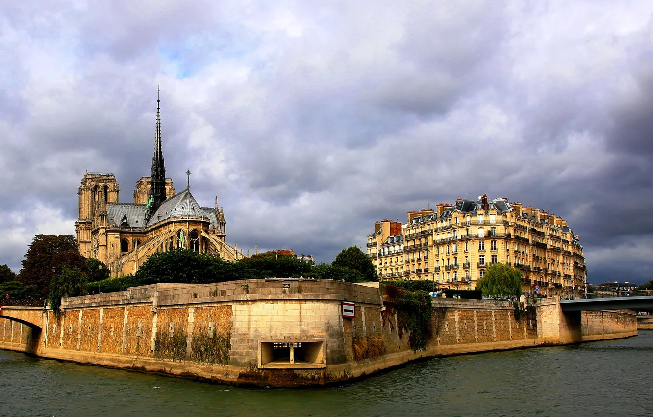 Фото обои пейзаж, тучи, река, Франция, Париж, Сена, собор парижской богоматери, остров Сите