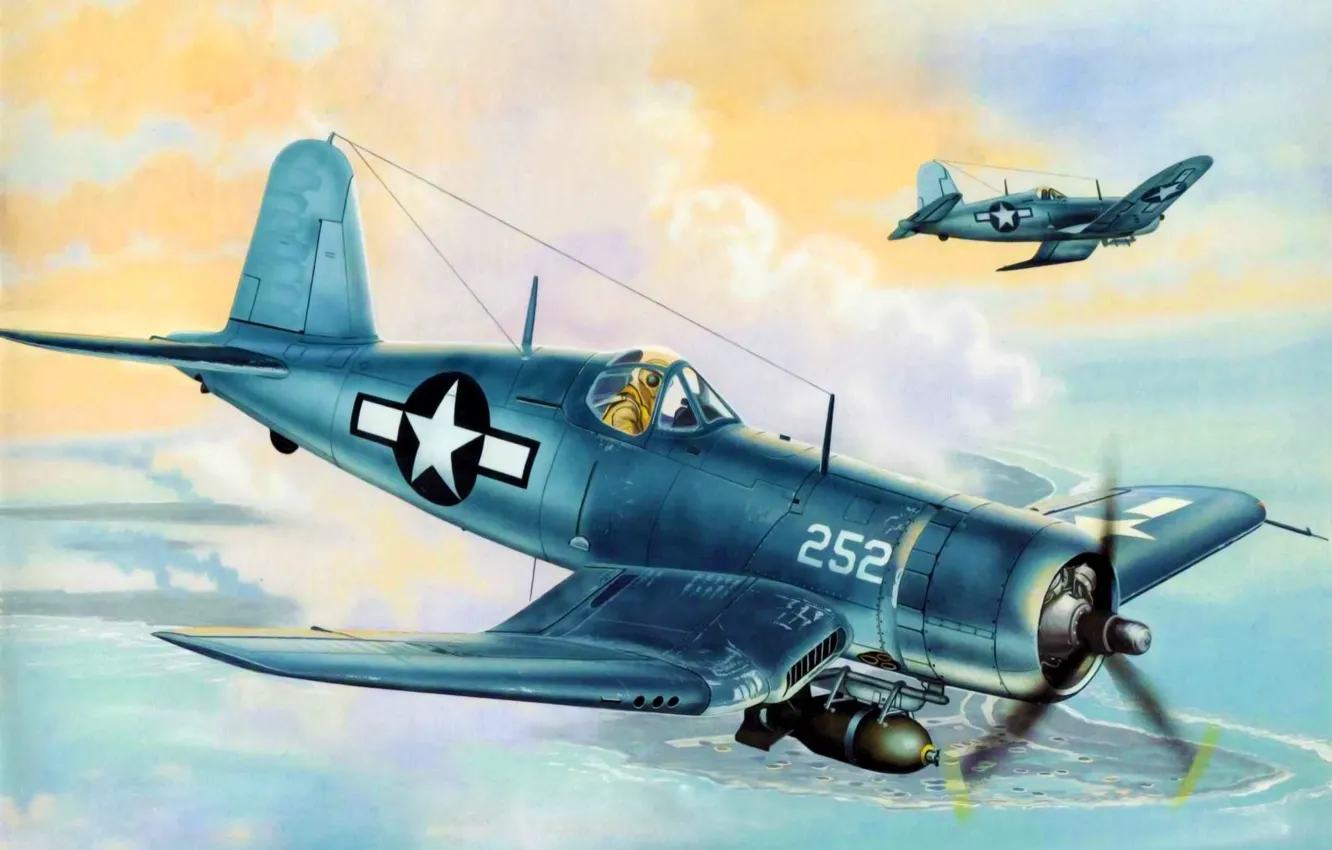 Фото обои fighter, war, art, airplane, painting, ww2, F4U Corsair