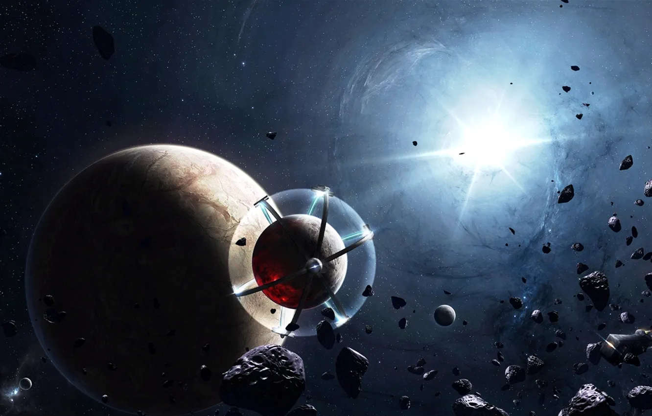 Фото обои spaceship, planets, gleaming streans