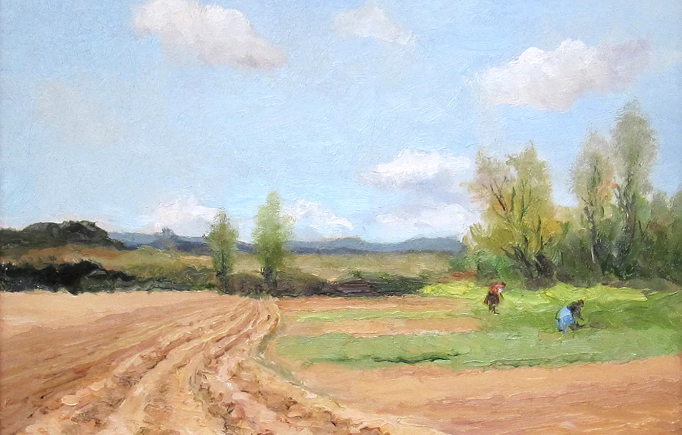 Фото обои поле, пейзаж, горы, картина, Марсель Диф, Field Labouring