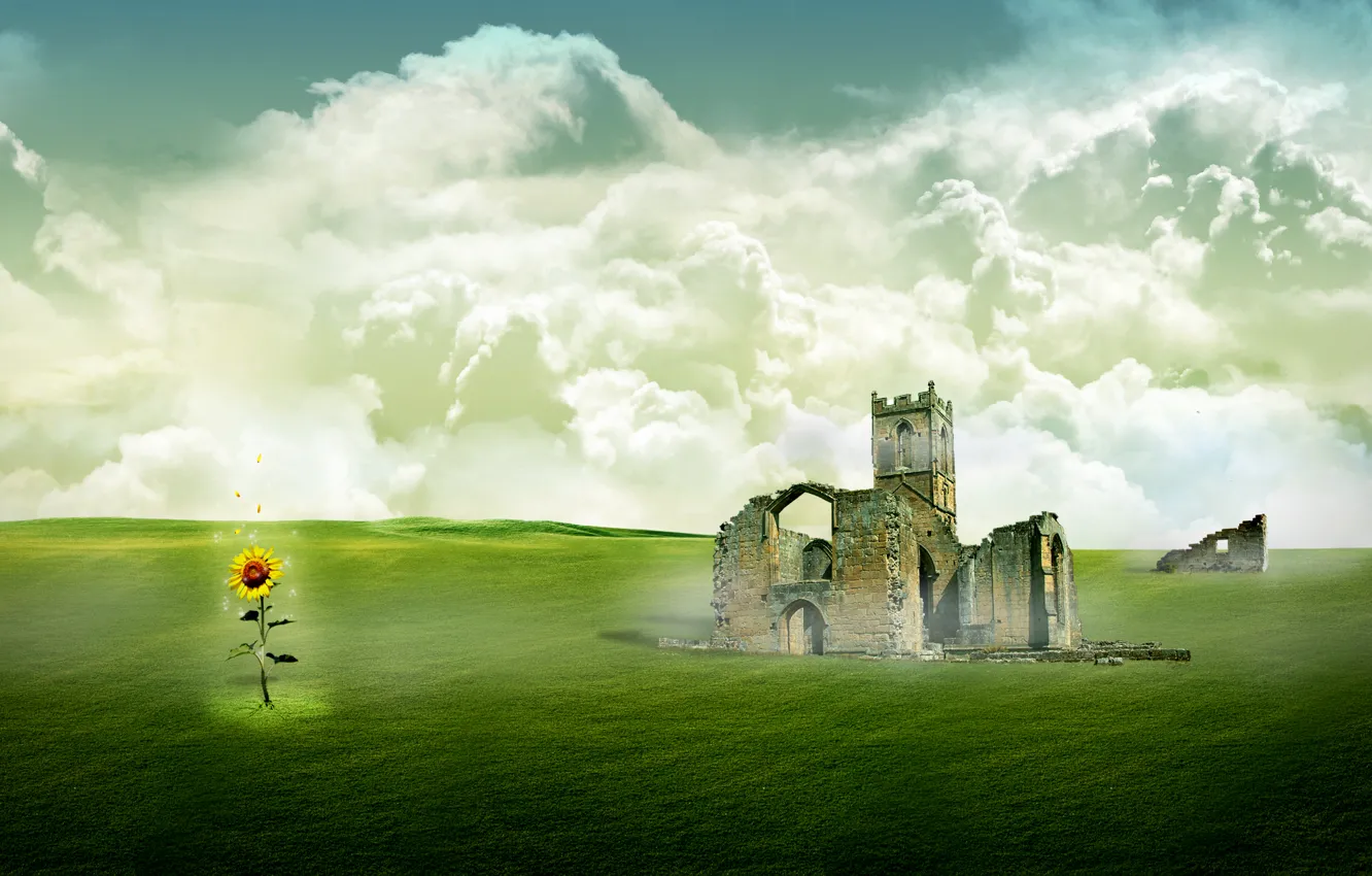 Фото обои поле, небо, трава, облака, пейзаж, замок, подсолнух, развалины