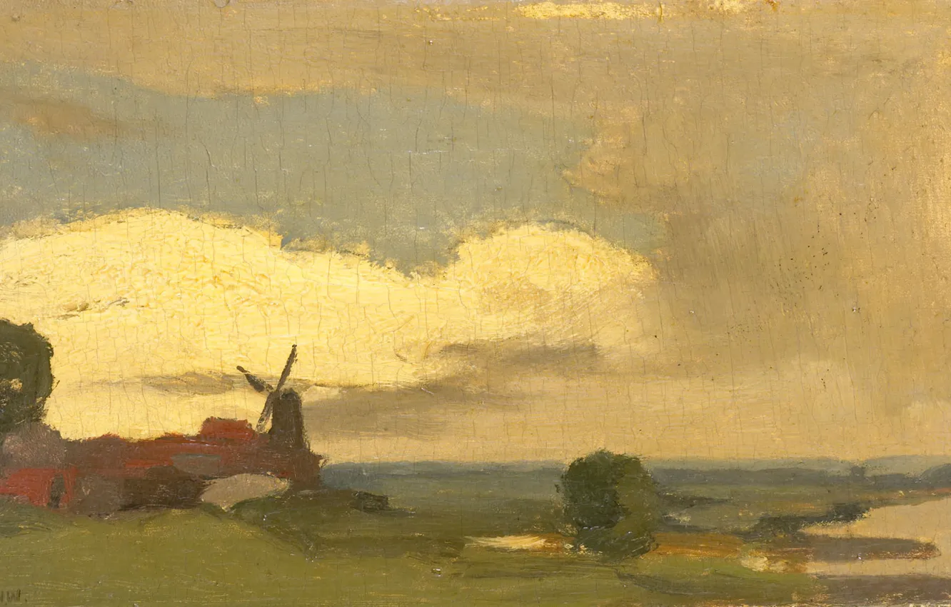 Фото обои масло, картина, 1923, Willem Witsen, Виллем Витсен, Пейзаж с мельницей в Вийк бий Дуурстеде