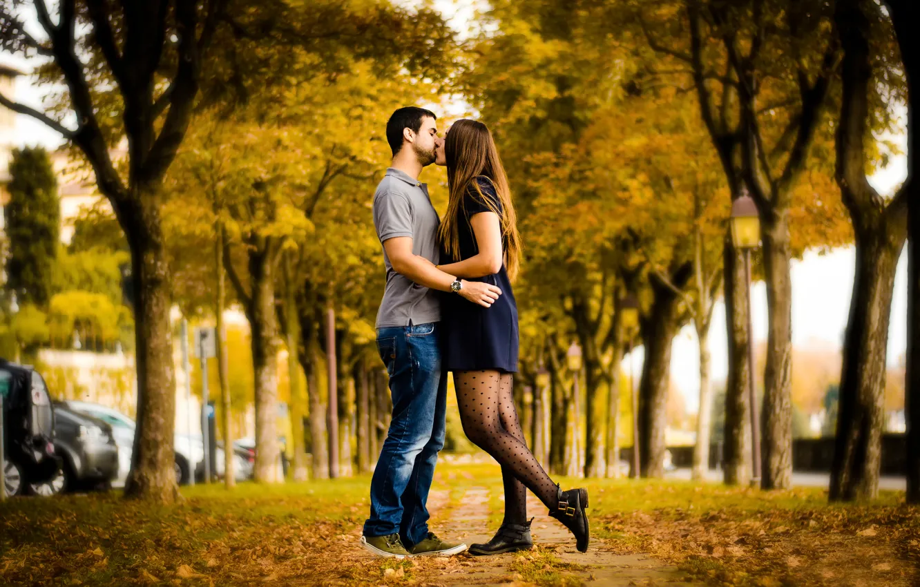 Фото обои осень, поцелуй, пара, аллея, влюблённые, Autumn Love