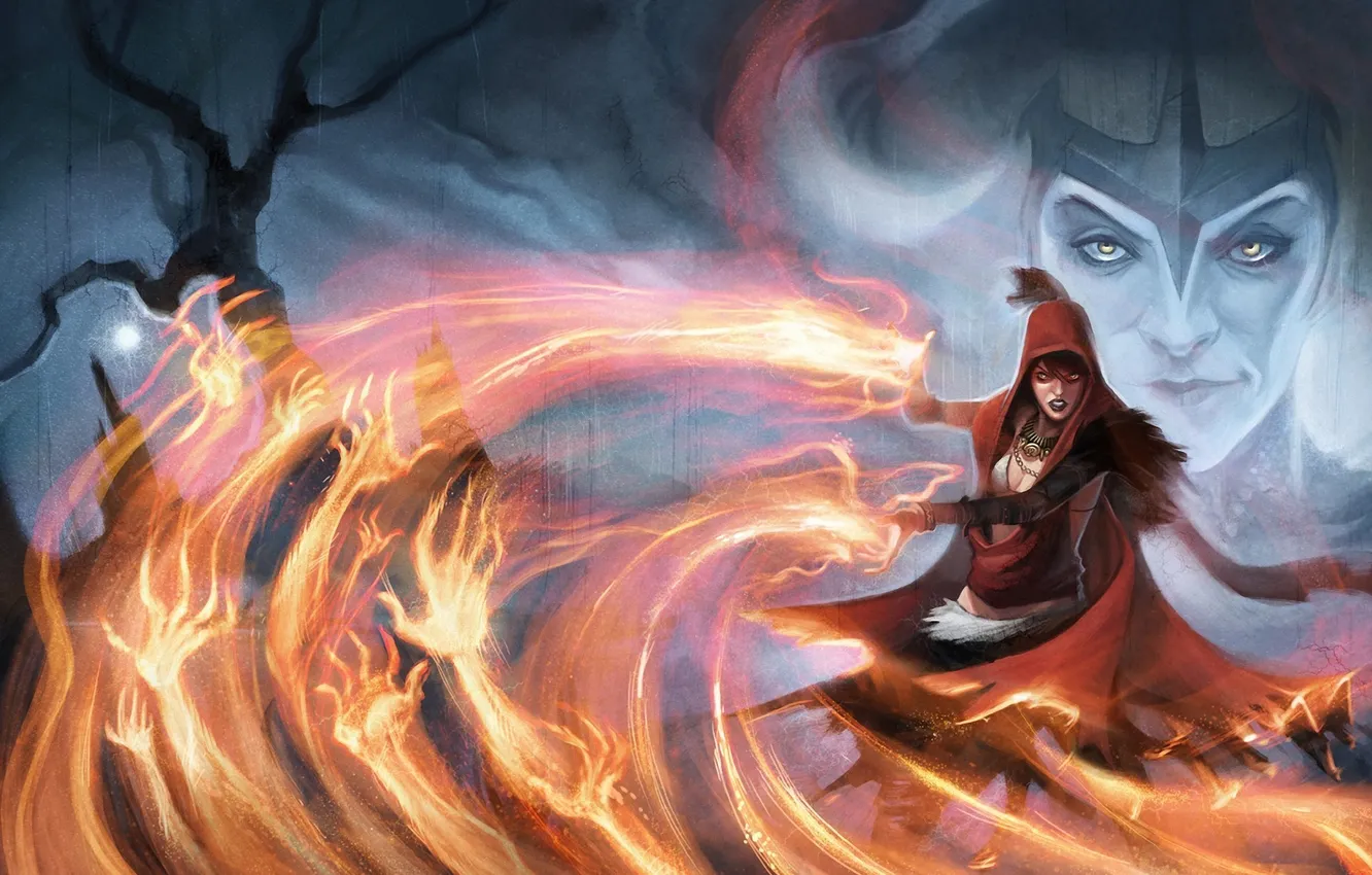 Фото обои девушка, огонь, магия, арт, ведьма, старуха, Dragon Age, morrigan