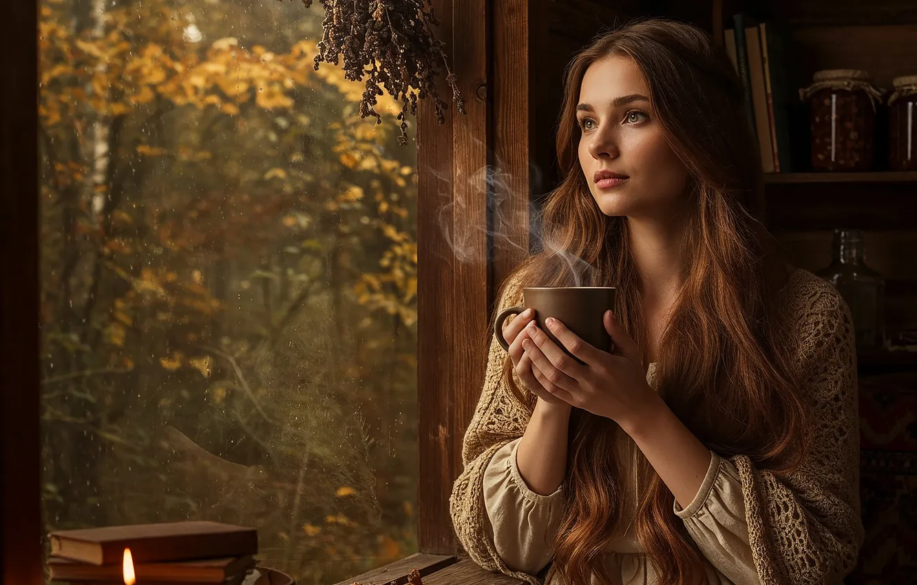 Фото обои осень, лес, девушка, ветки, природа, поза, уют, тепло