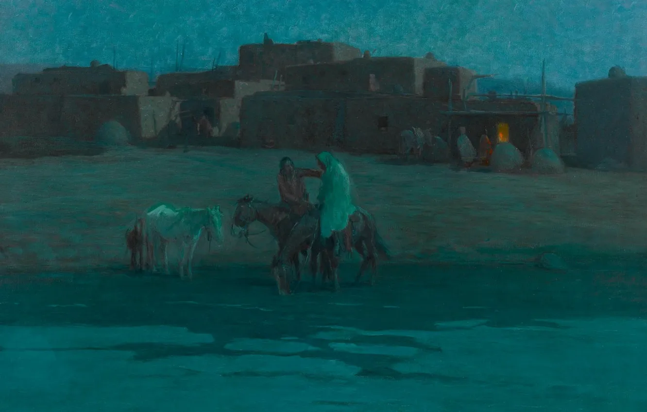 Фото обои дома, вечер, лошади, Oscar Edmund Berninghaus, Twilight Taos Pueblo