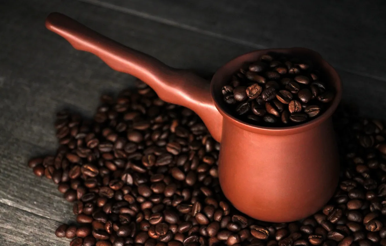Фото обои фон, настроение, background, зерна кофе, coffee, турка, керамика, кофейная традиция