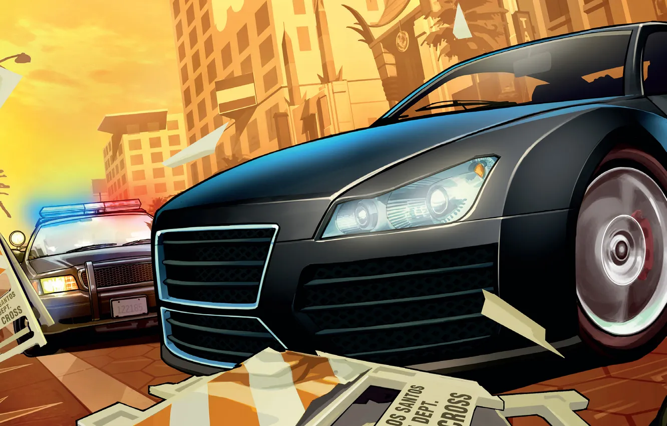 Фото обои машины, полиция, арт, Grand Theft Auto V, Rockstar Games, лос сантос