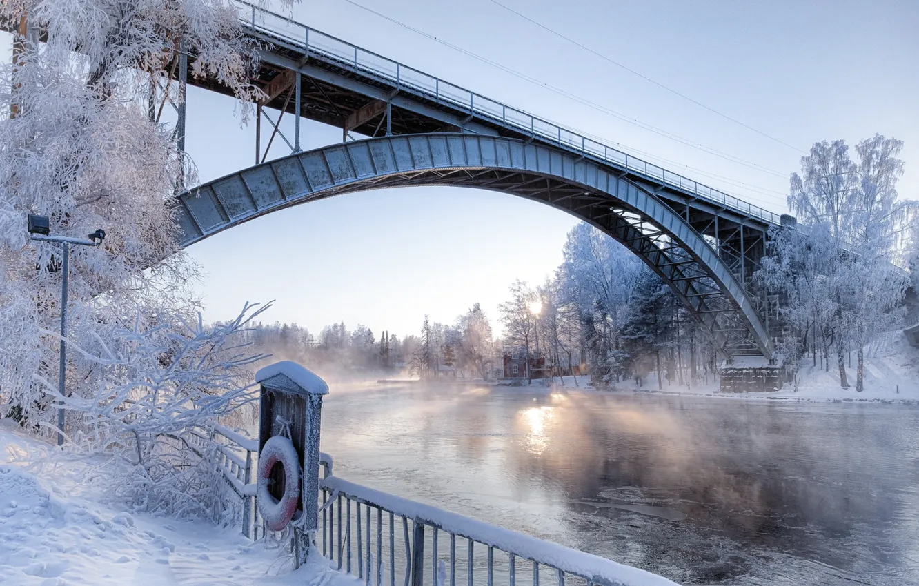 Фото обои зима, снег, мост, река, утро, арка