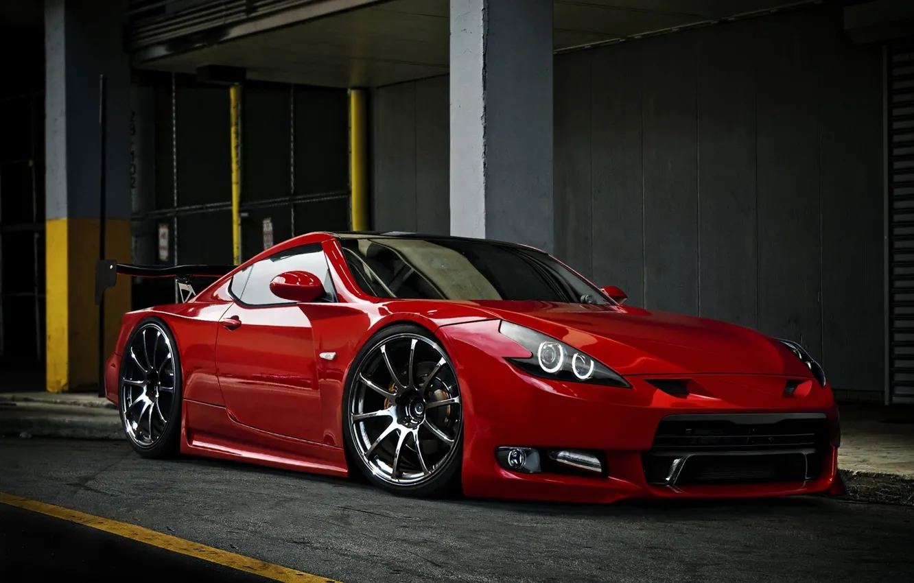 Фото обои красный, суперкар, тёмный фон, Nissan GT-R
