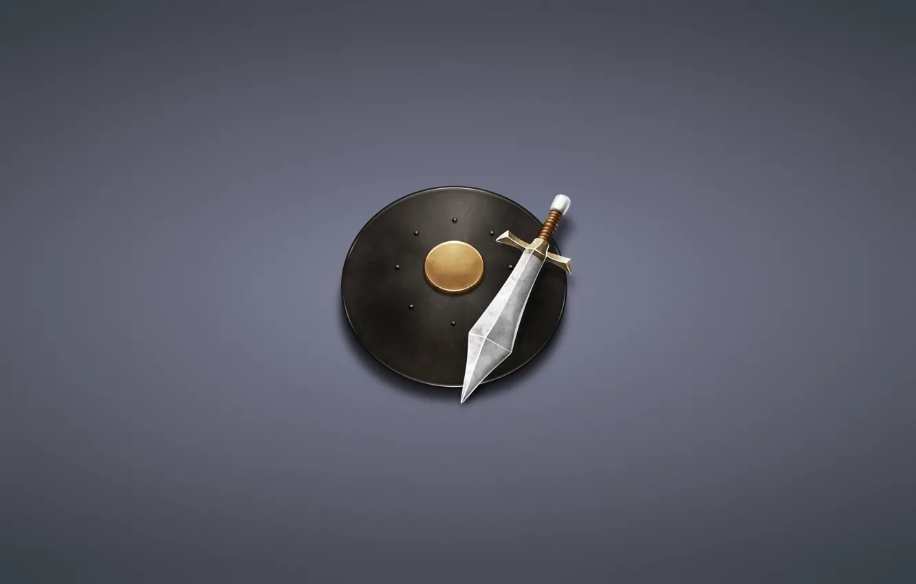 Фото обои минимализм, меч, щит, темноватый фон