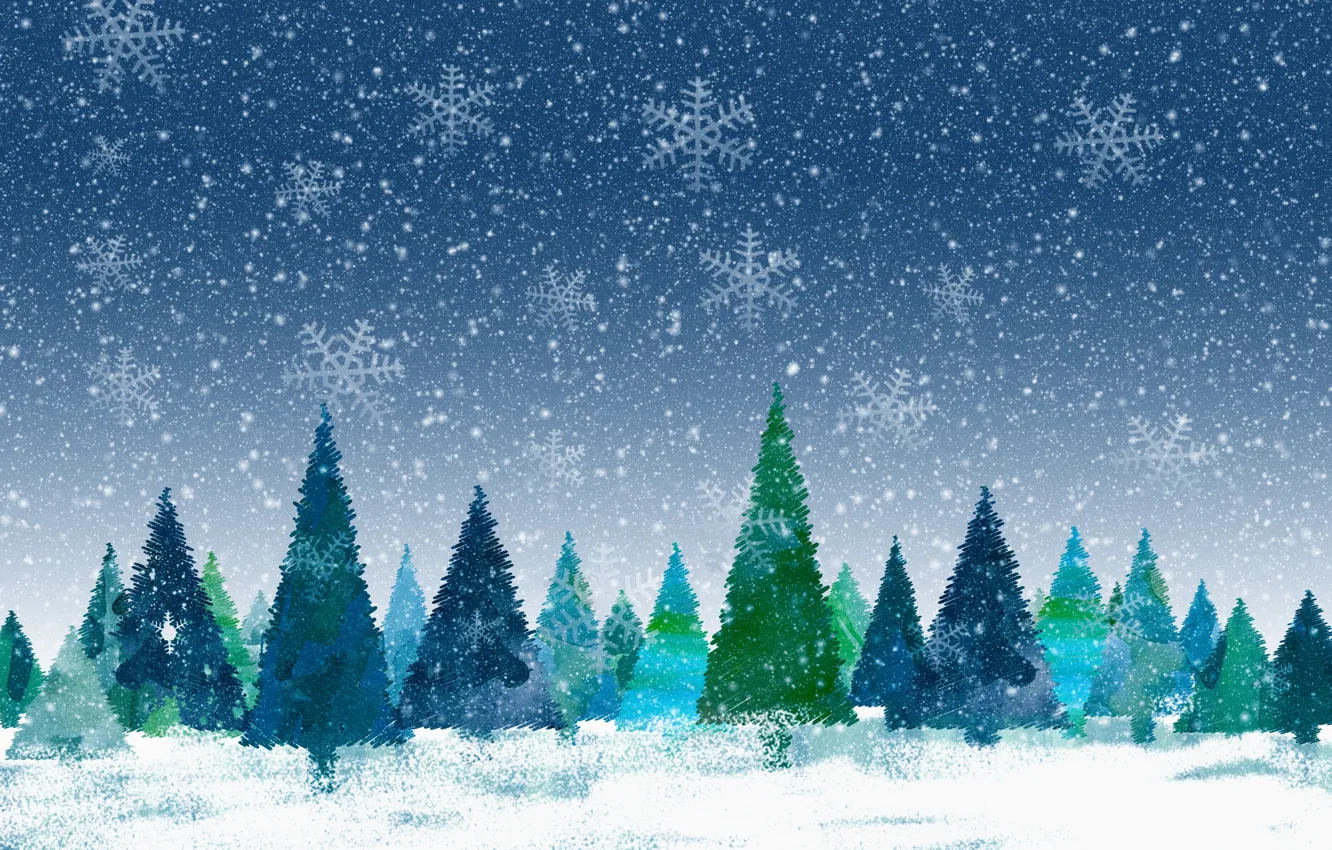 Фото обои зима, снег, снежинки, ели, Рождество