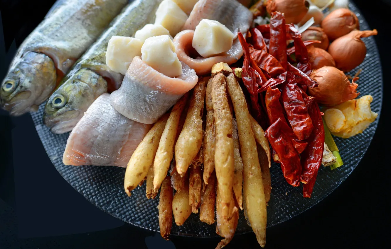 Фото обои еда, рыба, лук