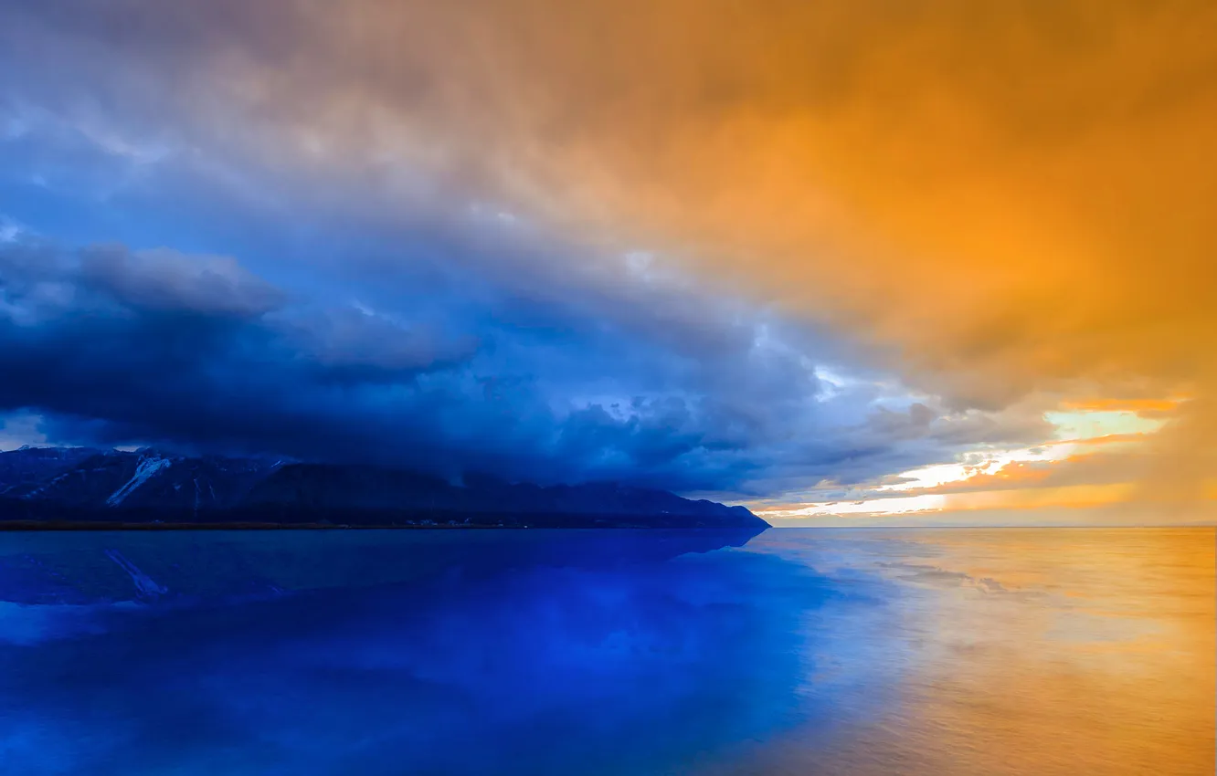 Фото обои Clouds, Winter, Switzerland, Water, Mountain, Sunset, Lake, Reflections