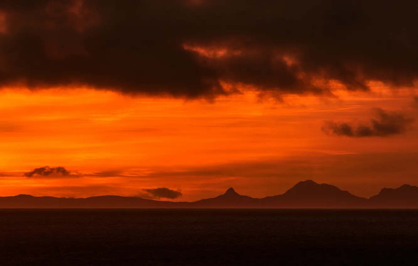 Фото обои sea, sunset, mountains, clouds, silhouette