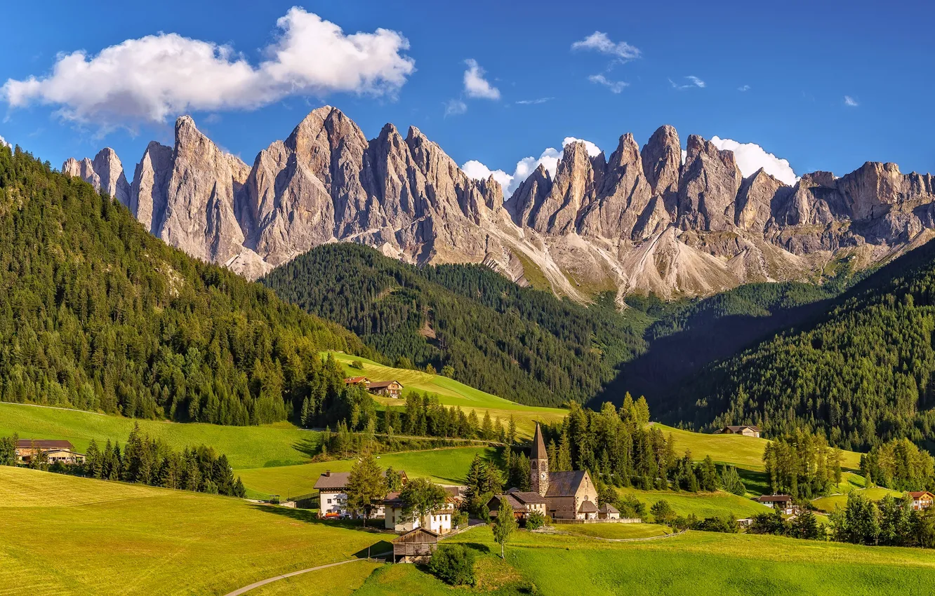 Фото обои горы, долина, деревня, Италия, панорама, Italy, Доломитовые Альпы, Южный Тироль