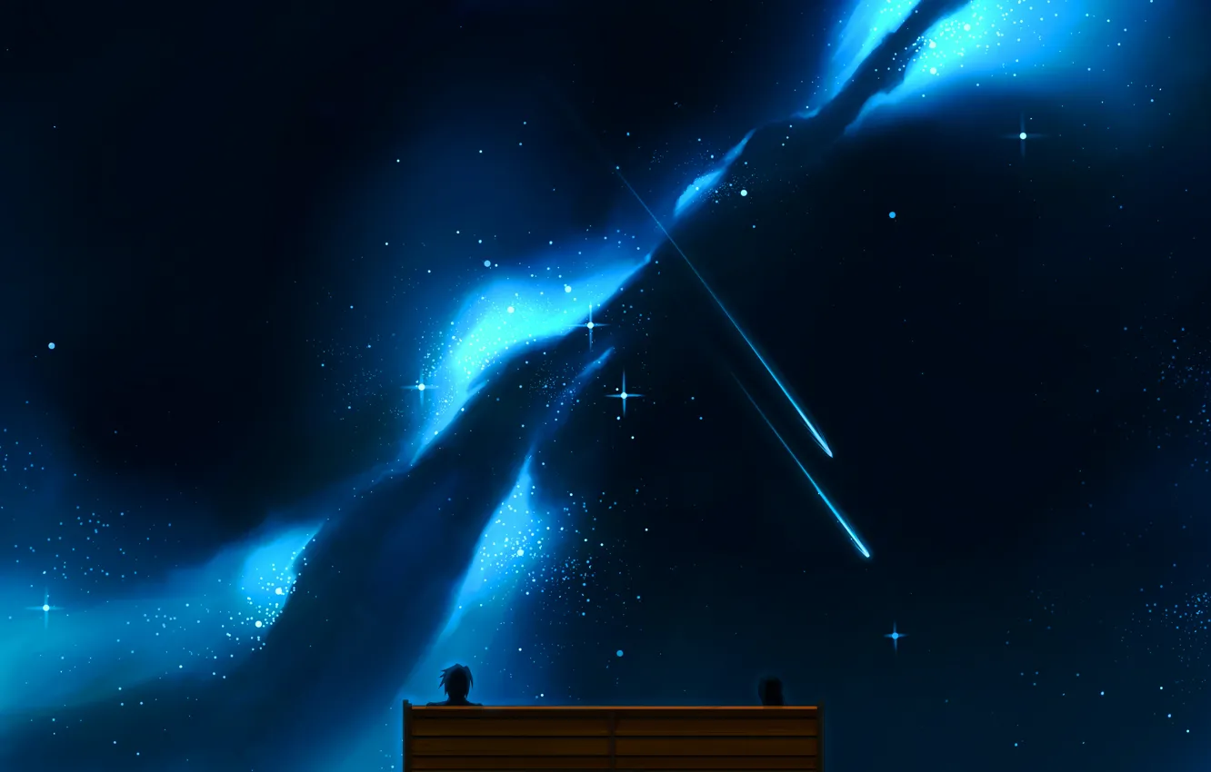 Фото обои небо, девушка, звезды, скамейка, ночь, аниме, арт, парень