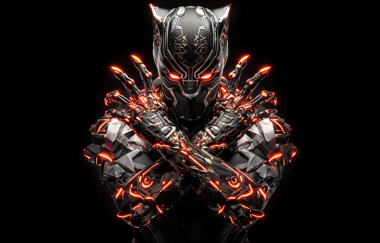 Фото обои Steampunk, Black Panther, Futuristic, Black background, AI art