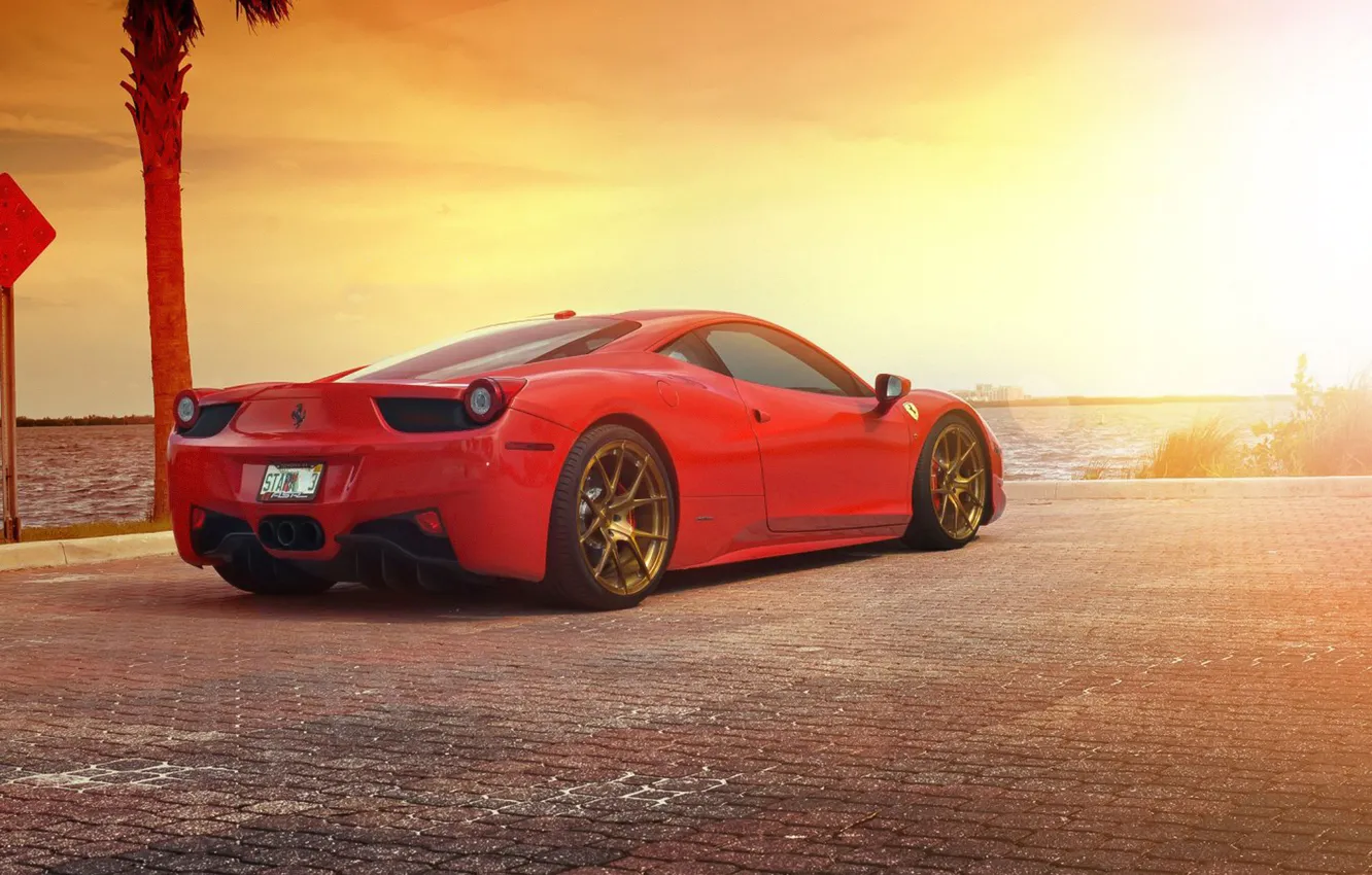 Фото обои Ferrari, Red, 458, Sun, Sunset, Italia, Sea, Supercar