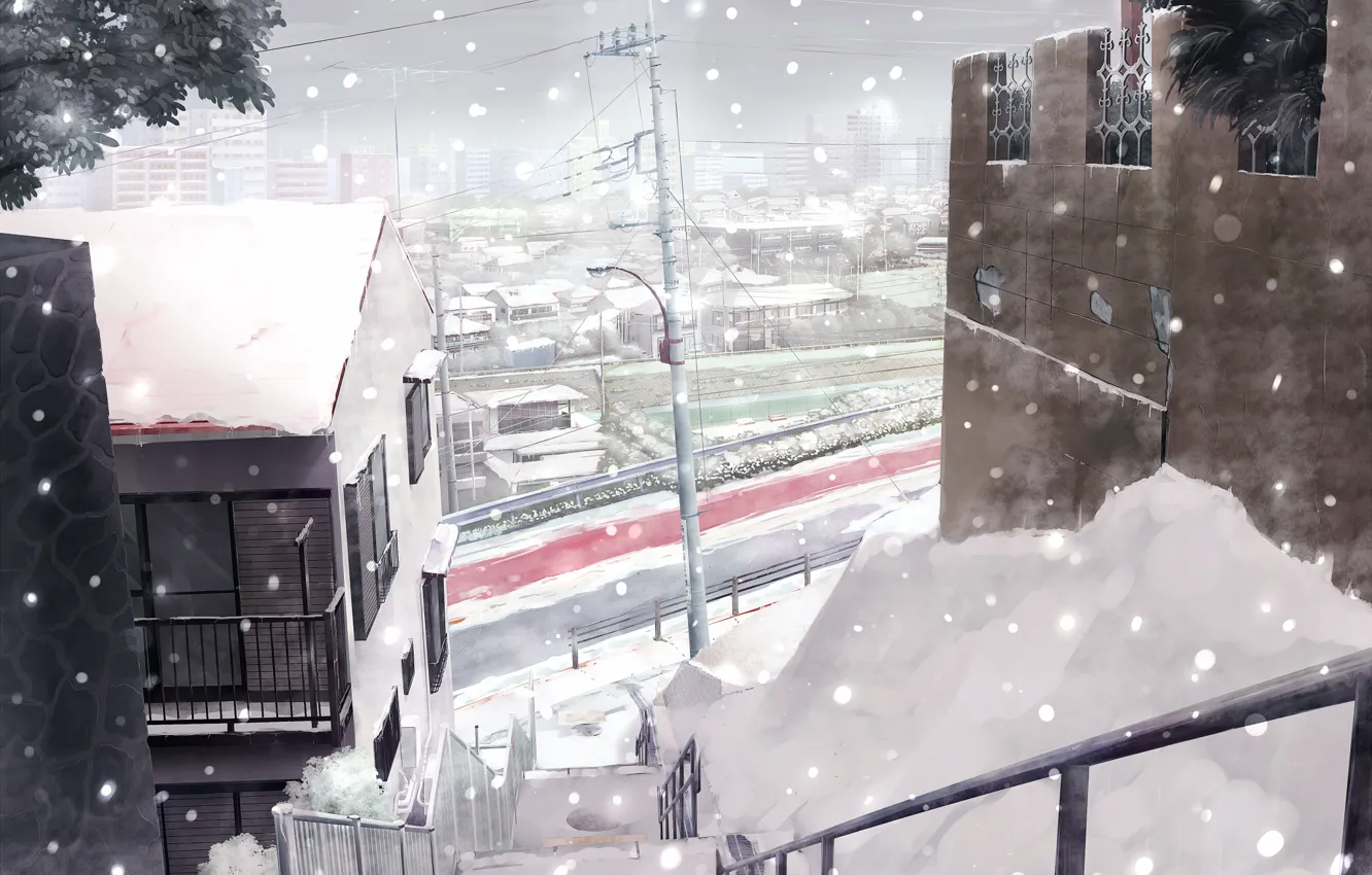 Фото обои зима, дорога, снег, город, япония, дома, лестница, Japan winter