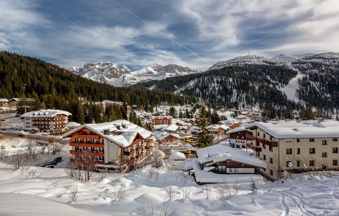 Фото обои зима, снег, горы, дома, Альпы, Италия, панорама, посёлок