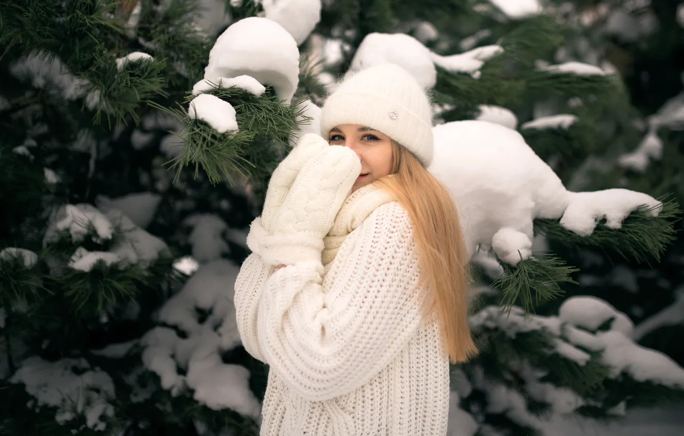 Фото обои зима, девушка, снег, ветки, шапка, блондинка, хвоя, сосна