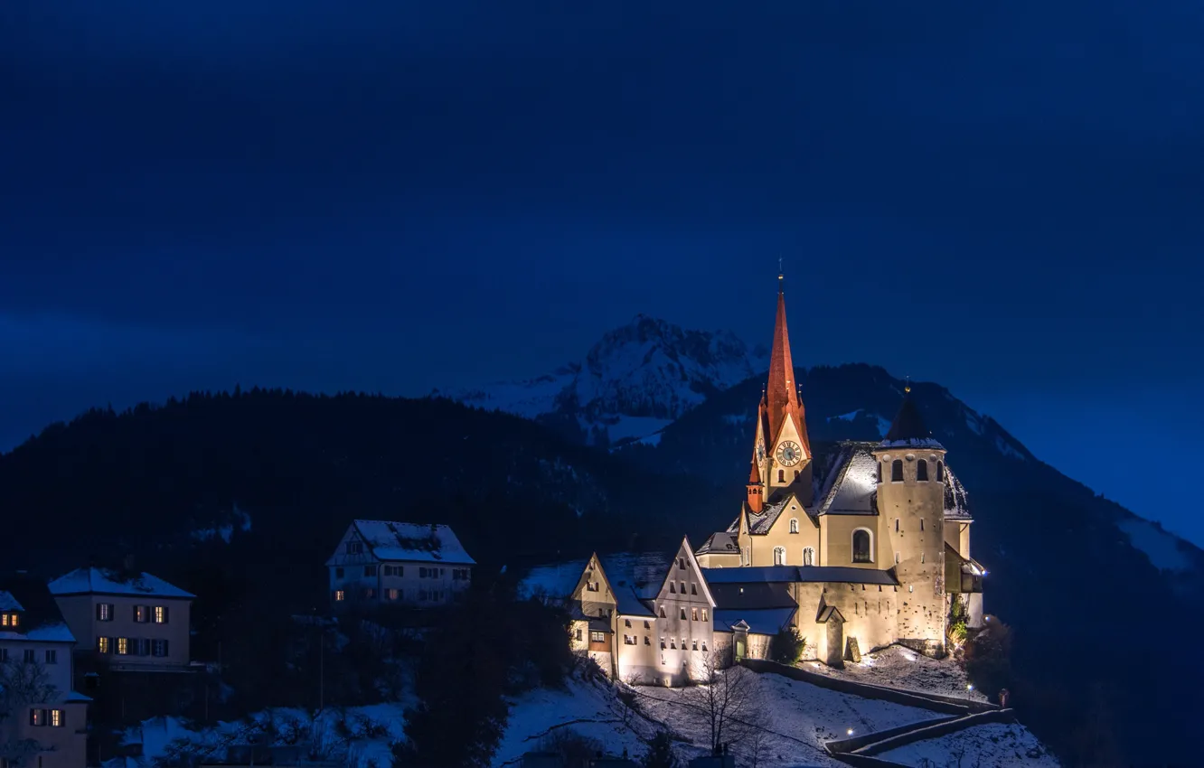 Фото обои горы, ночь, огни, дома, Австрия, церковь, Ранквайль