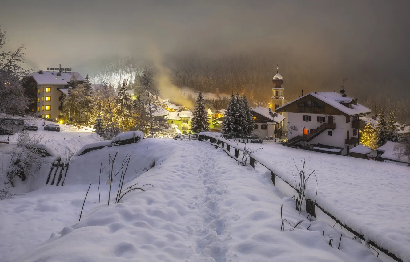 Фото обои зима, снег, деревья, пейзаж, природа, туман, улица, дома