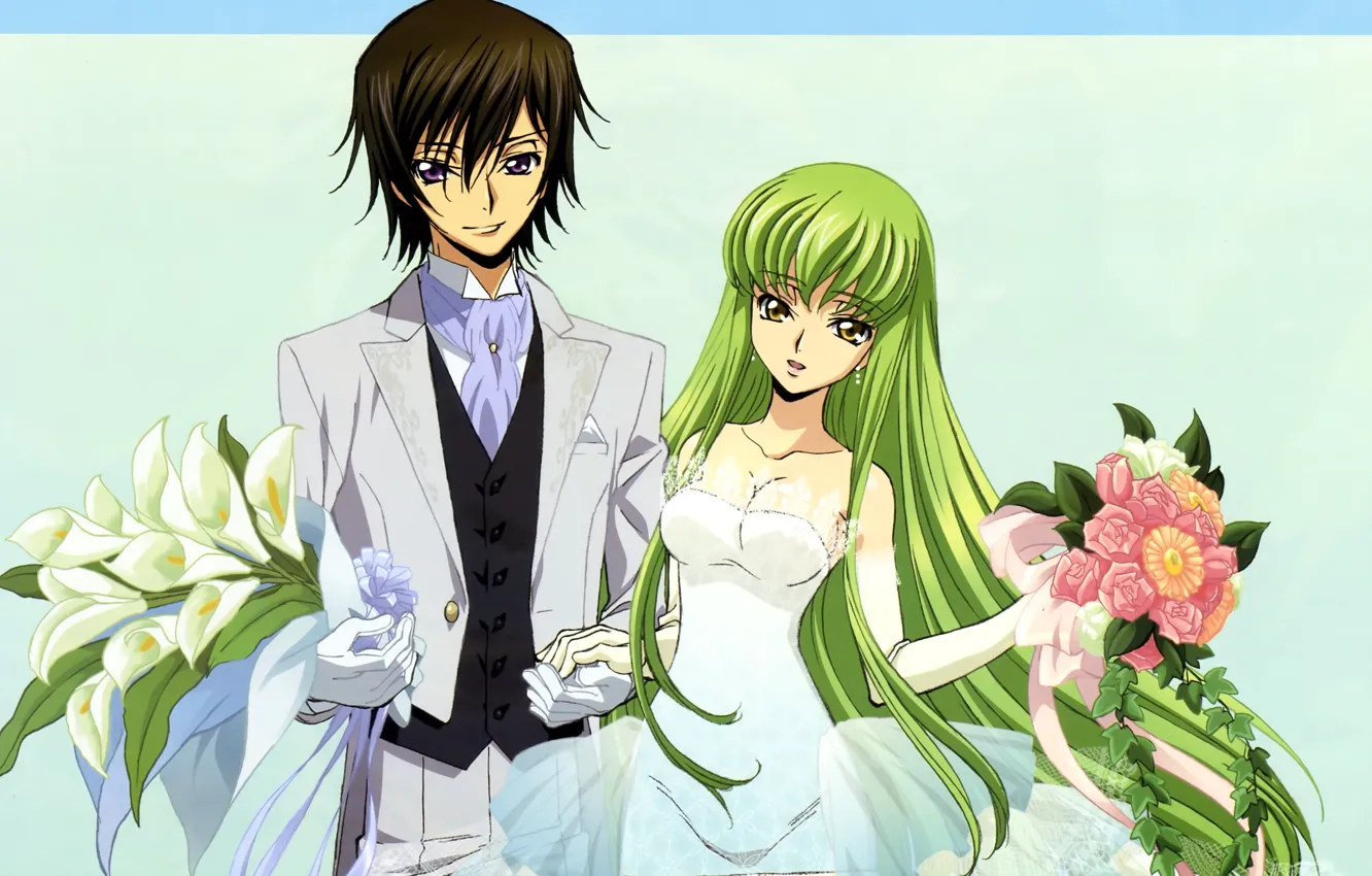 Фото обои букет, костюм, декольте, перчатки, невеста, зеленые волосы, Code Geass, art