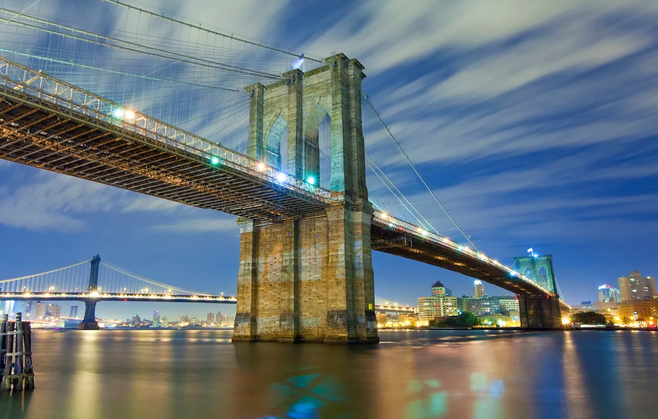 Фото обои вода, огни, Нью-Йорк, Бруклинский мост, мосты