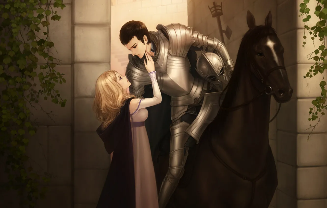 Фото обои лошадь, Девушка, доспехи, мужчина, влюбленные, рыцарь, двое