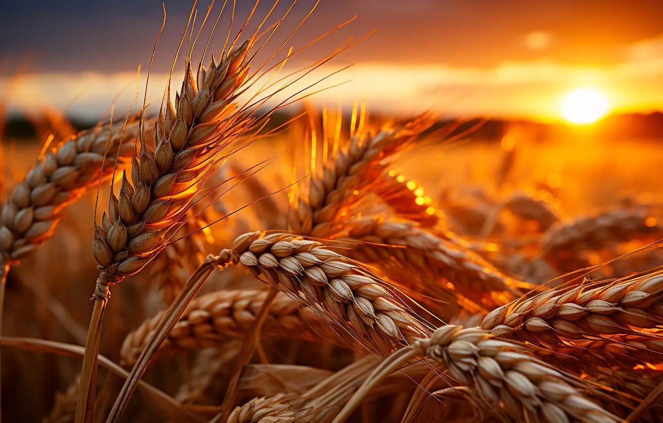 Фото обои field, sunset, wheat, ears of corn