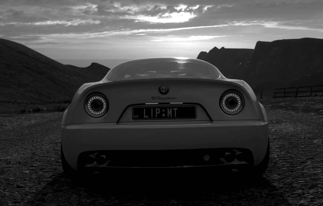 Фото обои Alfa Romeo, Sky, Landscape, Mountain, Game, Ocean, Black White, Alfa Romeo 8C