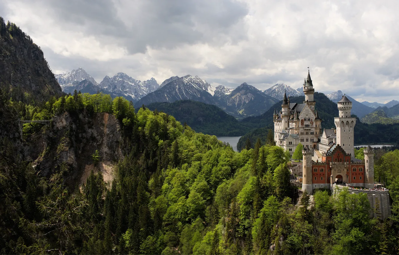 Фото обои лес, горы, замок, Германия, башни, Нойшвайнштайн