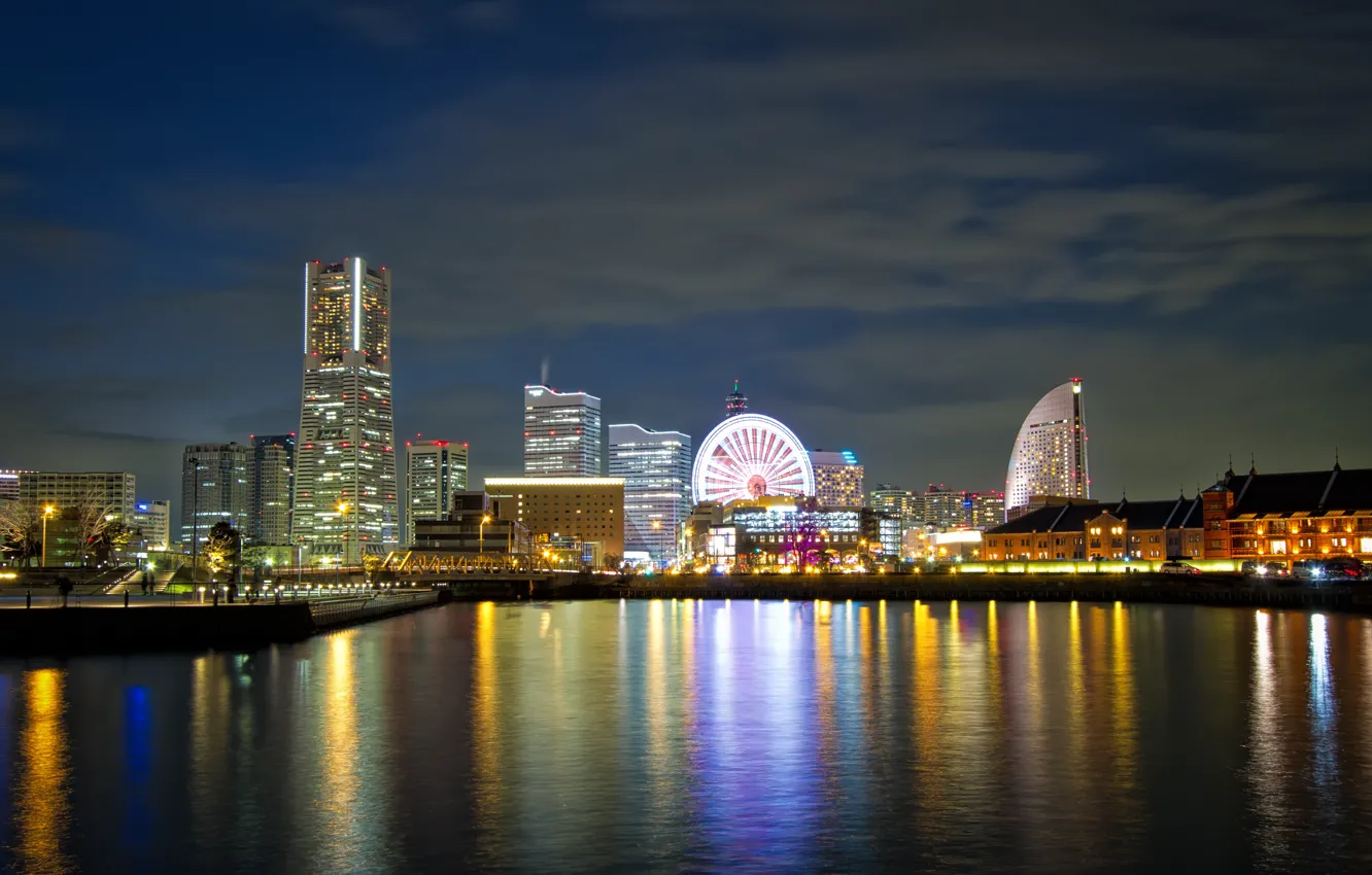Фото обои ночь, город, огни, япония, йокохама