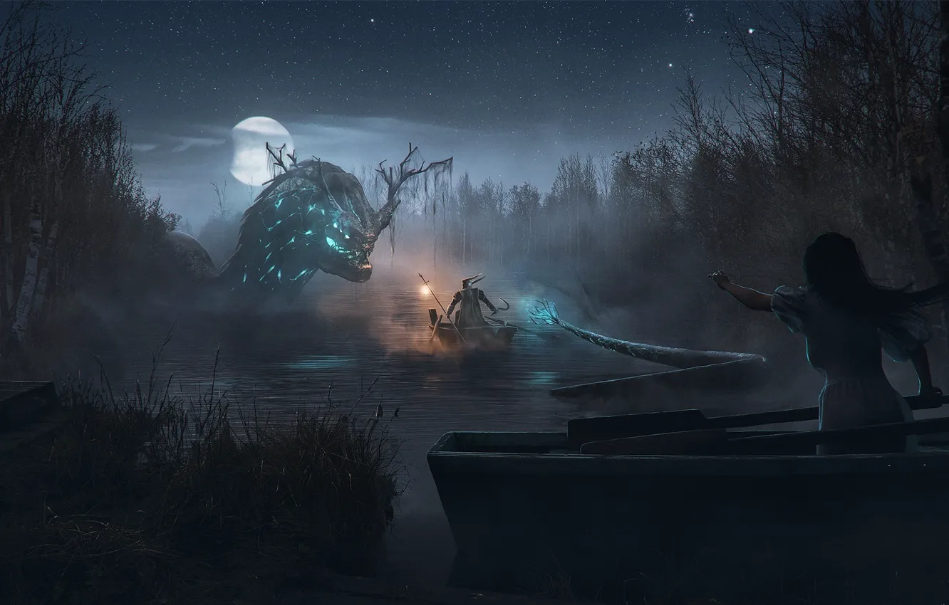 Фото обои лес, ночь, чудовище, водоём, Kalitinka