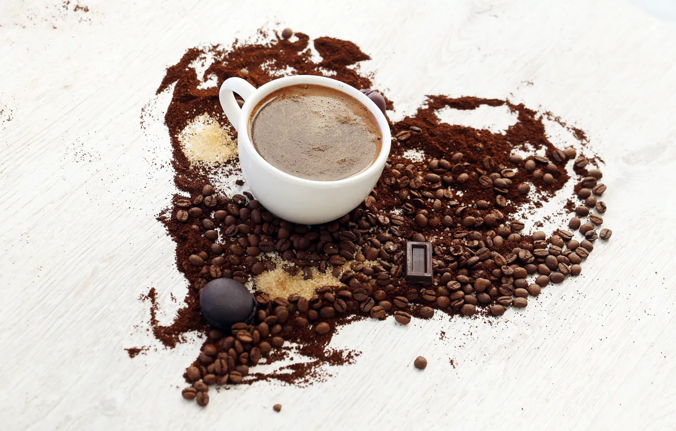 Фото обои сердце, кофе, шоколад, зерна, печенье, чашка, сахар, белая