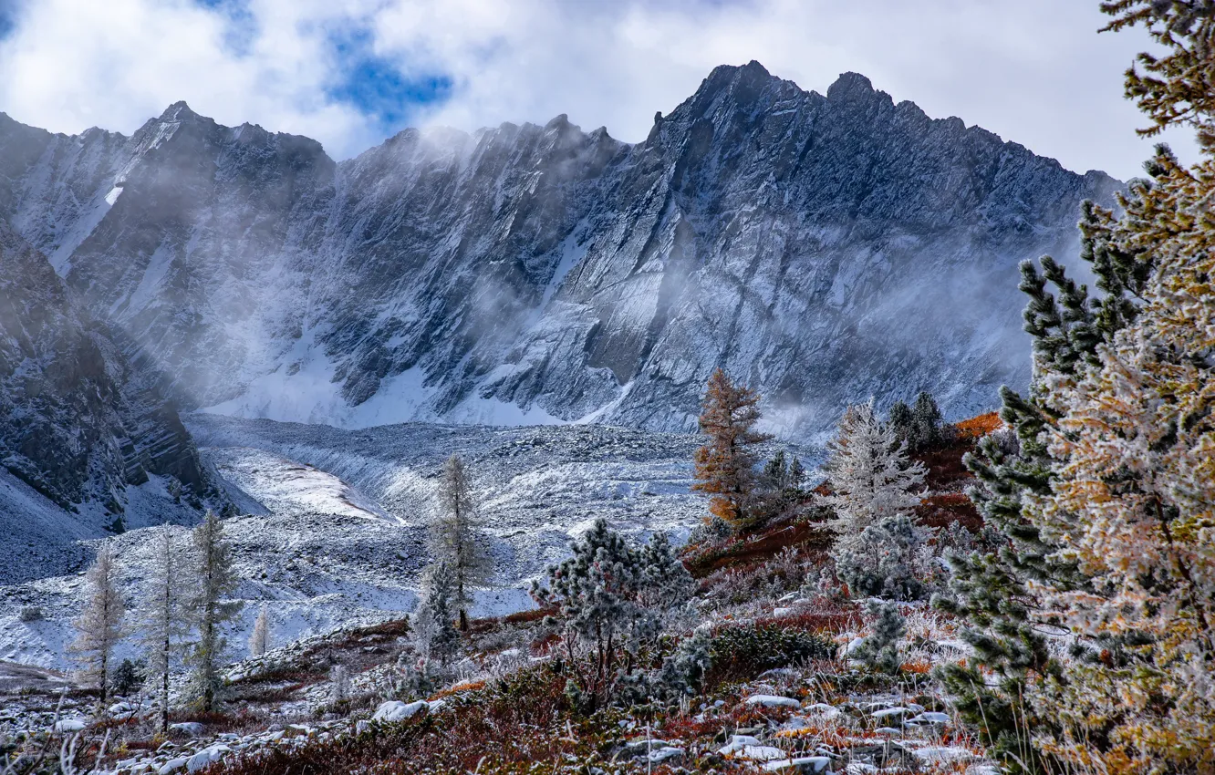 Фото обои облака, снег, деревья, пейзаж, горы, природа, Евгений Дроботенко, Рудный Алтай
