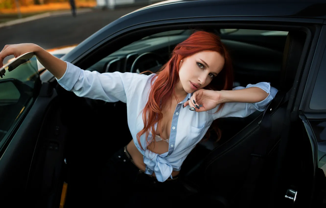 Фото обои model, women, redhead, white bra, open shirt, neckline, women with cars, inside a car