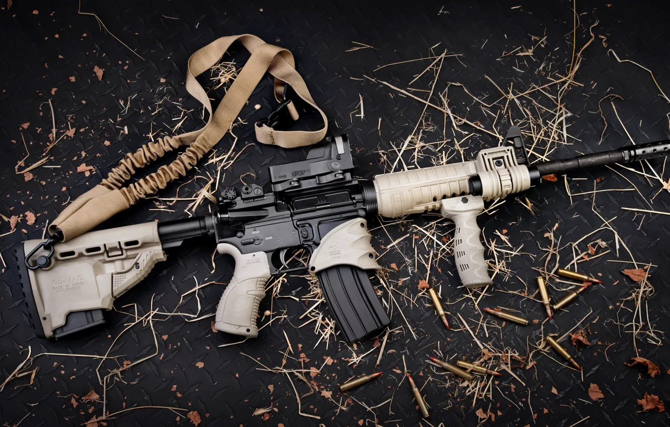 Фото обои gun, logo, weapon, leaves, rifle, konoha, AR-15, ammunition