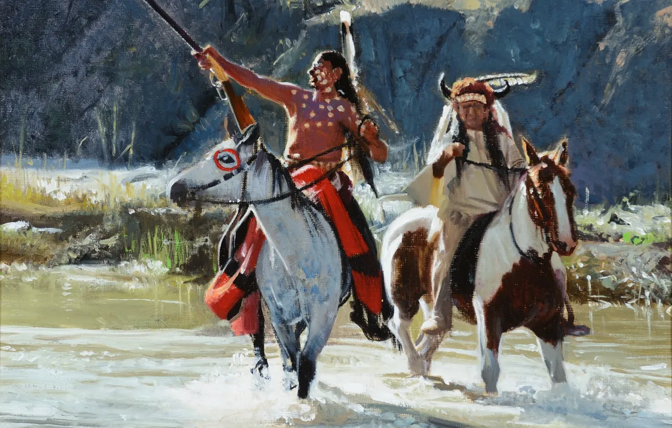 Фото обои Картина, Индейцы, Лошади, Двое, Речка, Американский художник, Дональд Кроули, Дон Кроули