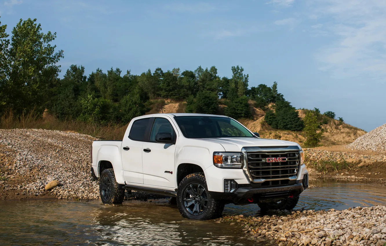 Фото обои вода, камни, растительность, пикап, GMC, Crew Cab, Canyon, AT4