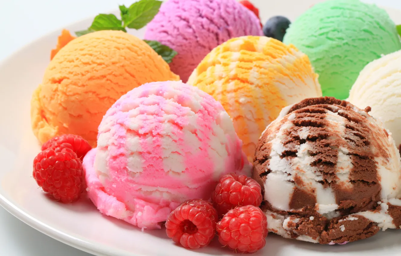Фото обои ягоды, малина, черника, тарелка, мороженое, сладости, десерт, ассорти