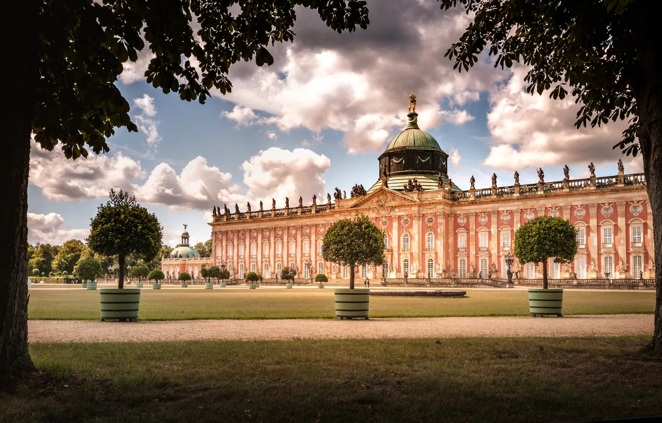 Фото обои деревья, парк, Германия, Germany, дворец, Potsdam, Потсдам, Новый дворец