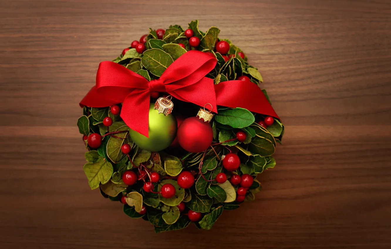 Фото обои шарики, Новый Год, Рождество, лента, украшение, декорации, Christmas, красная
