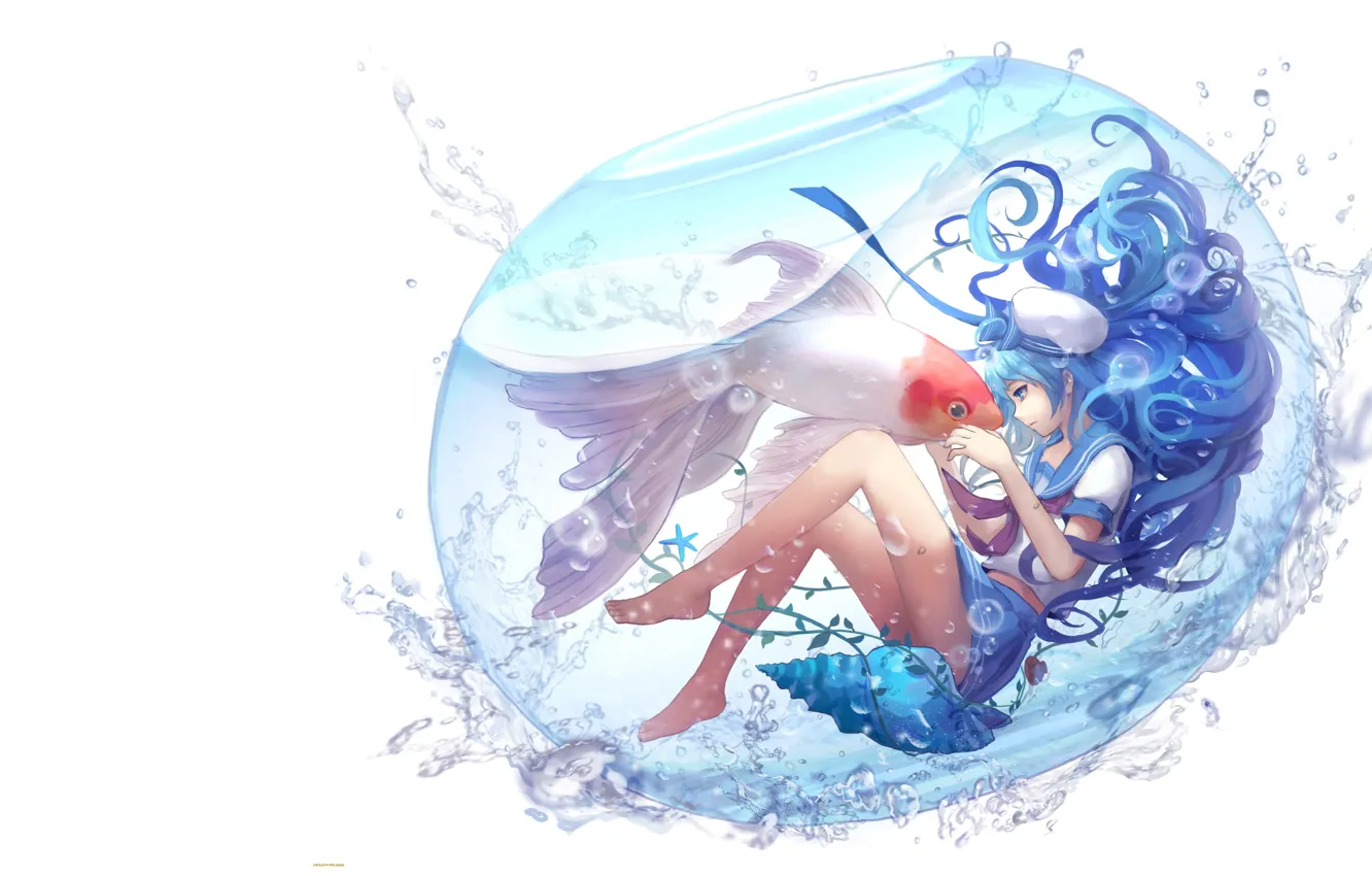 Фото обои вода, аквариум, рыбка, арт, девочка, vocaloid, Hatsune Miku, кои