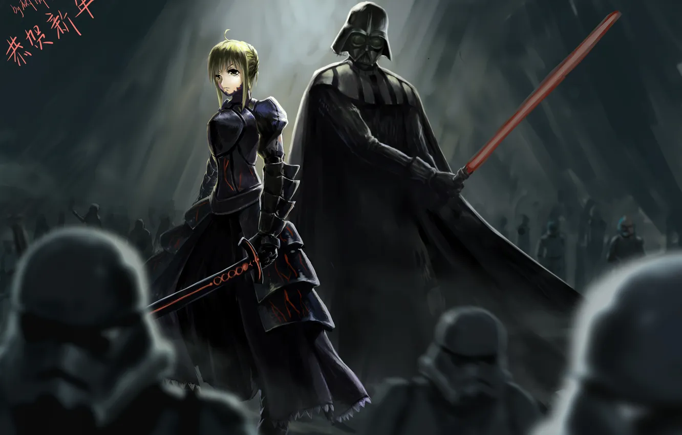 Фото обои девушка, оружие, меч, солдаты, star wars, darth vader, парень, сражение