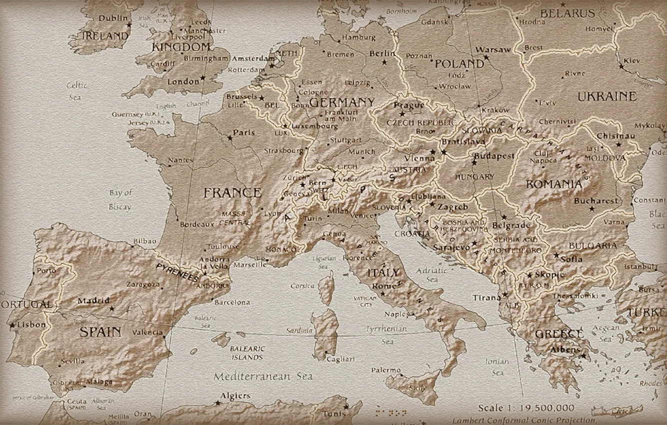 Фото обои Карта, Европа, Вид сверху, Под старину